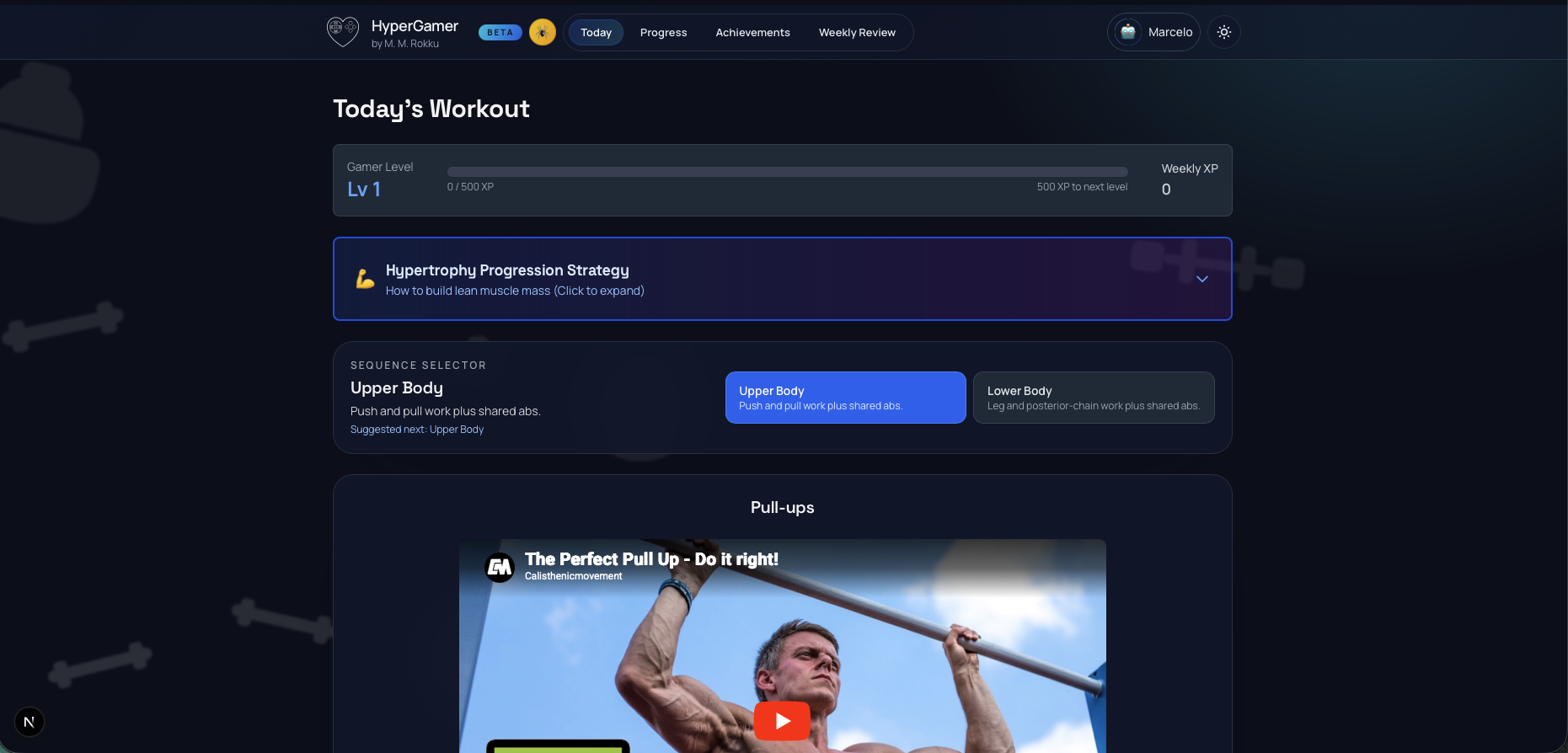 HyperGamer Today workout screen