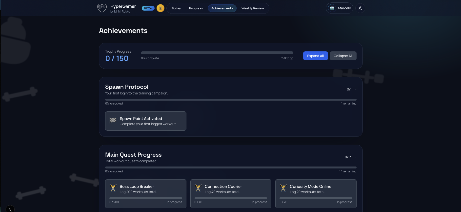 HyperGamer achievements screen with milestone progress and unlockable rewards